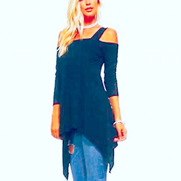 NIP🆕ISAAC LIEV: Teal Blue Cold Shoulder Strap 3/4 sleeve Mermaid Tail Tunic. L - Picture 1 of 2